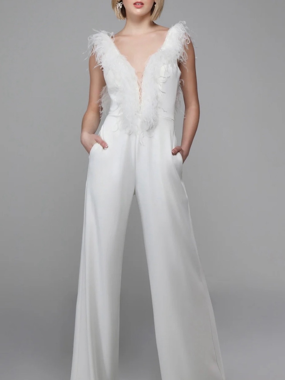 Alyce Paris White Feather-Trim Wide-Leg Jumpsuit
